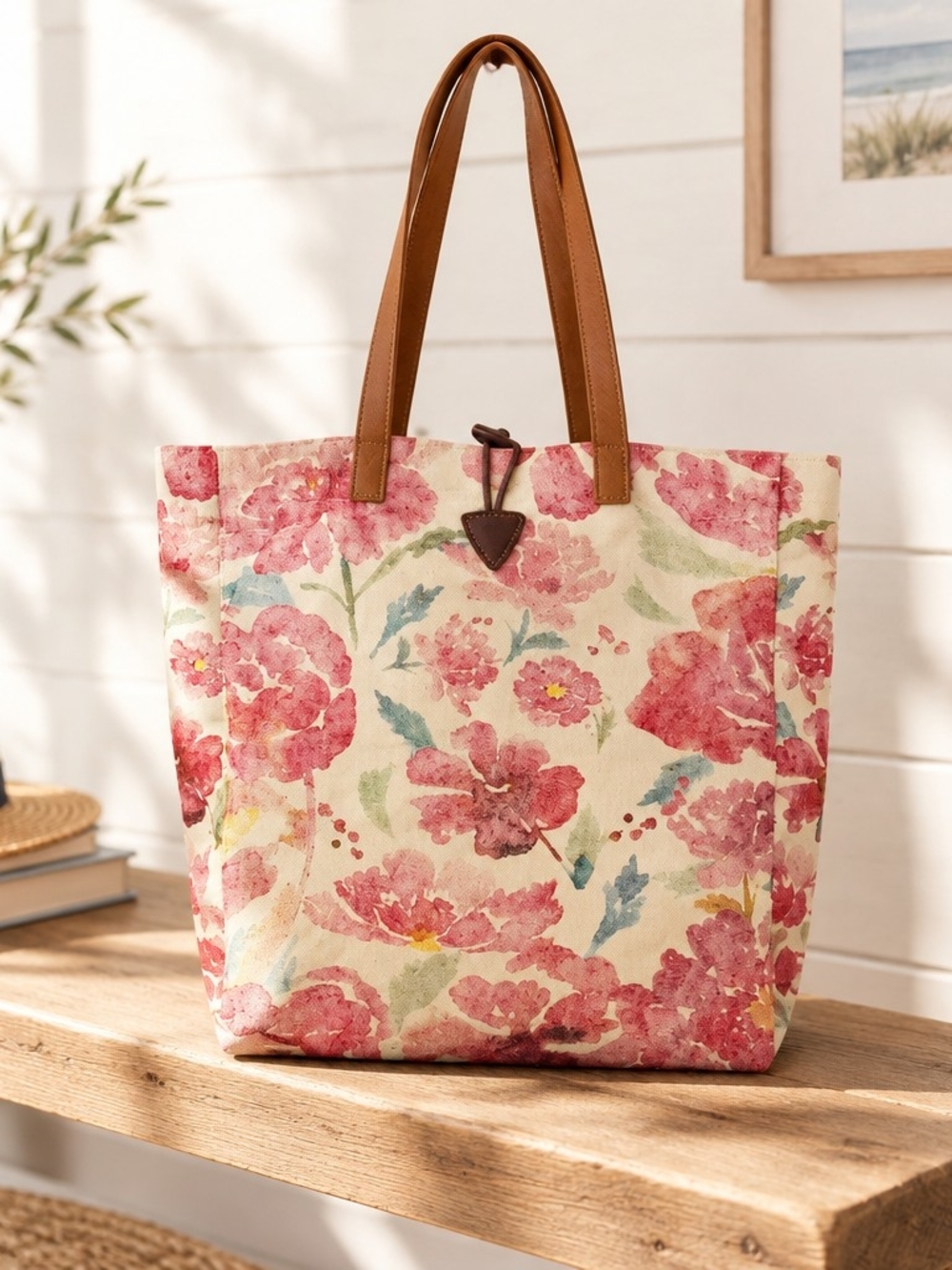 Floral Canvas Tote with Brown Handles - Pink Bloom Print
